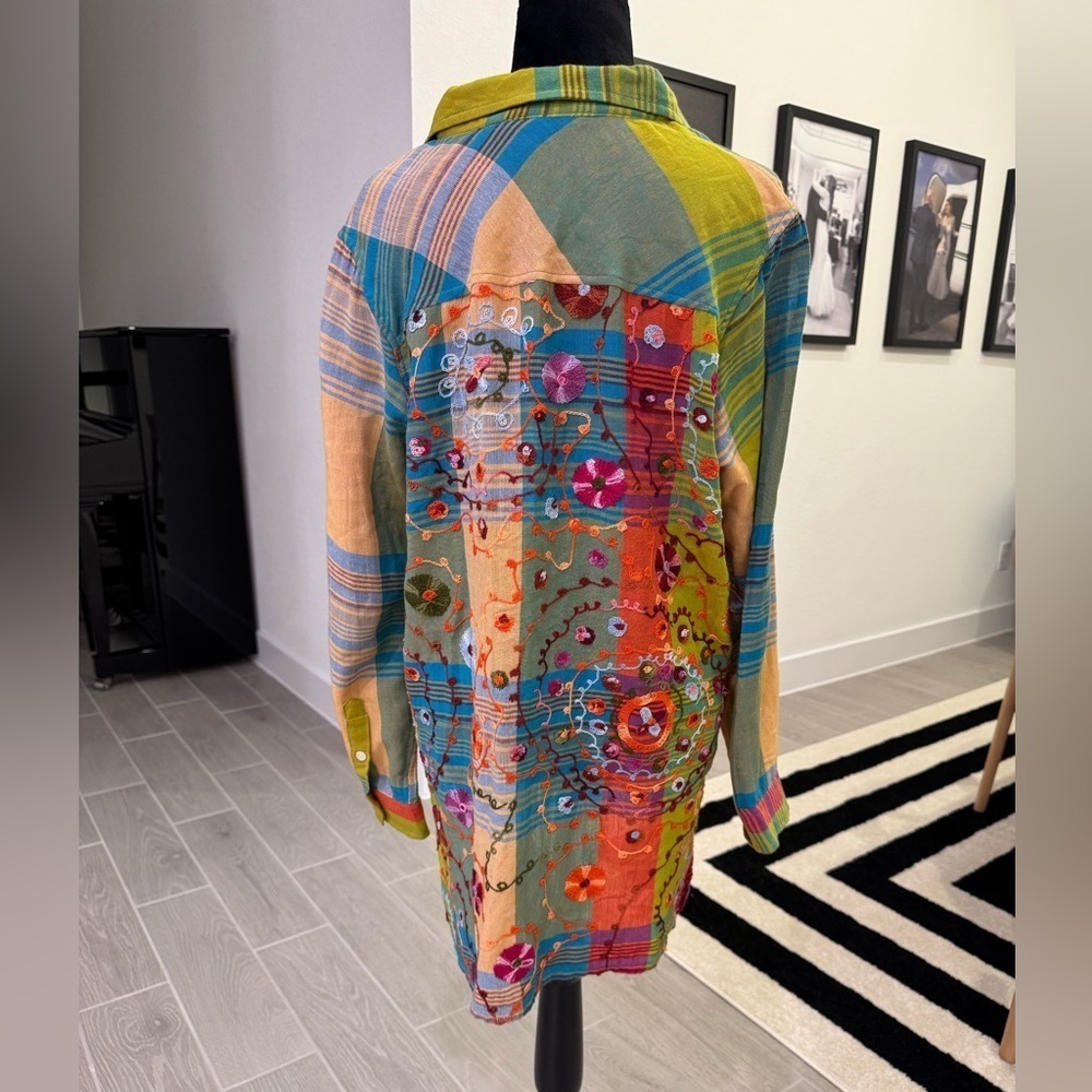 SOFT SURROUNDINGS Spring Summer Bright Heavily Embroidered Plaid Linen Blend - Picture 2 of 8